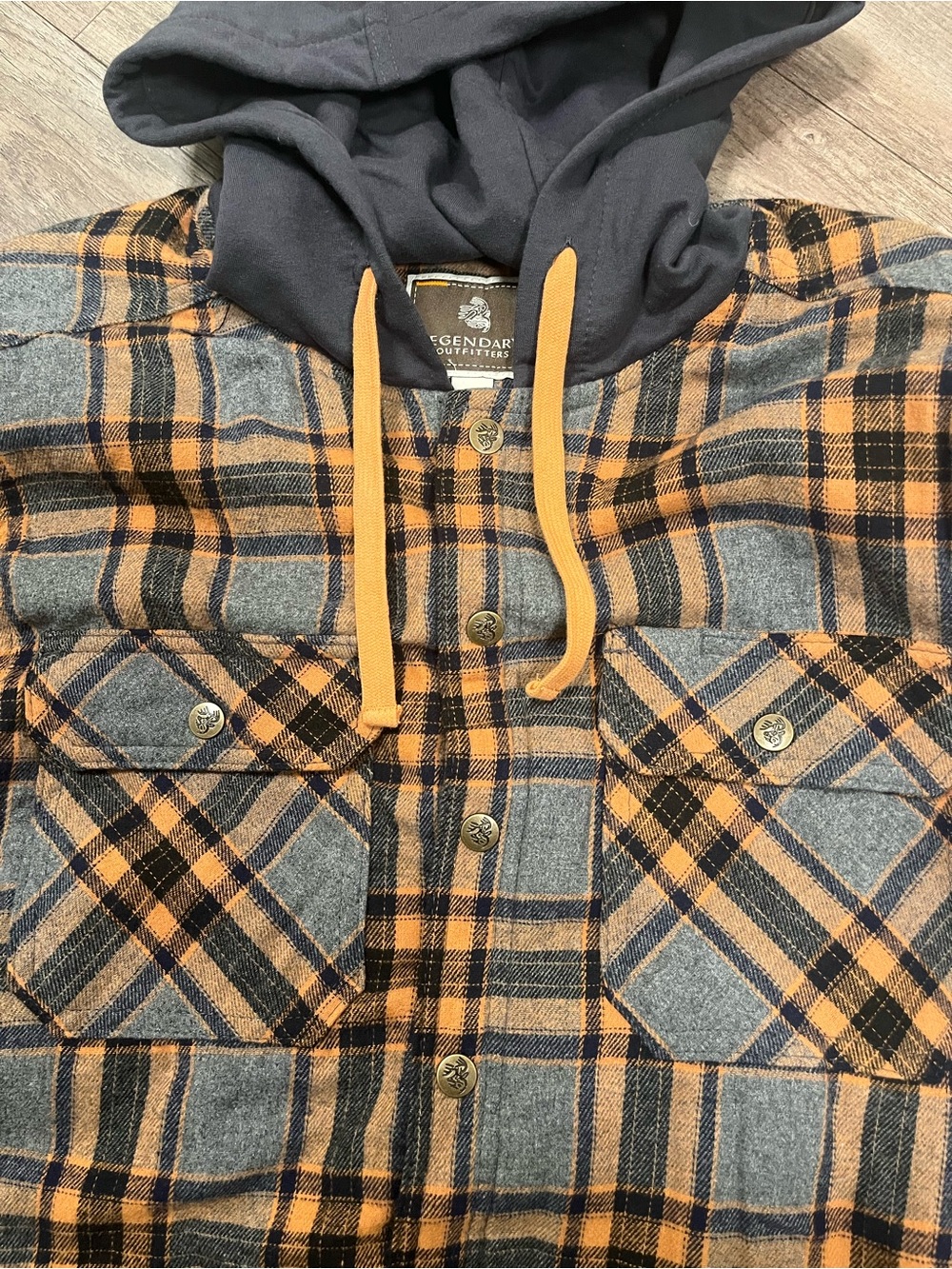 Legendary outfitters Orange & Gray Plaid Hooded Jacket ..hunting ..warm jacket